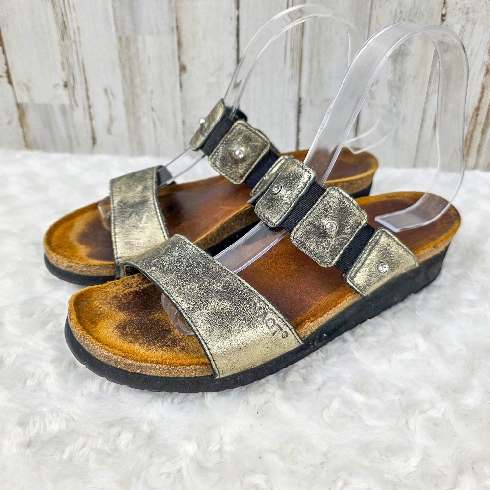 Naot Metallic Gold Leather Buckle Slingback Sandals